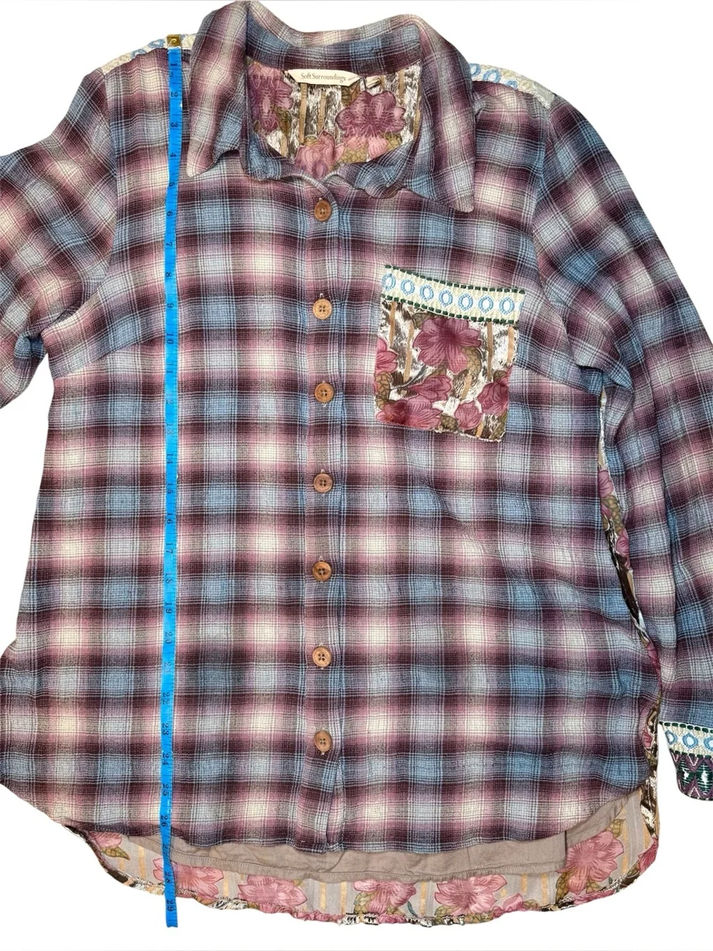 Soft Surroundings Velvet Burnout Floral Plaid Shirt Small